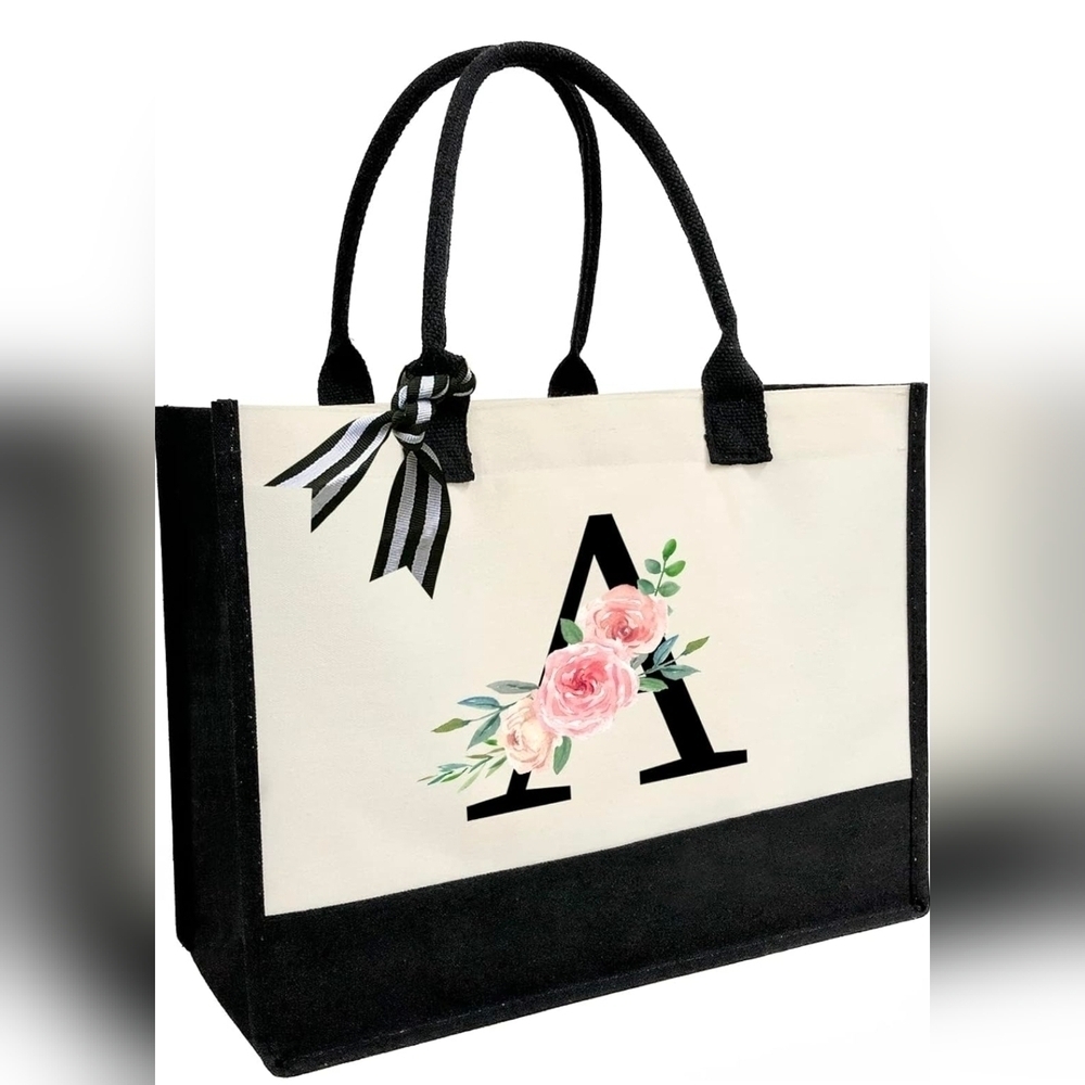 Monogrammed Floral Letter -A- Canvas Tote Bag Zipper Pocket Personalized Gift